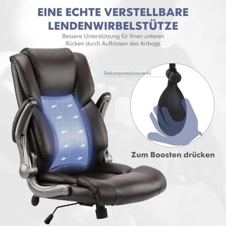 COLAMY Bürostuhl Ergonomisch, Chefsessel mit Hoher Rückenlehne, Schreibtischstuhl Lederstuhl mit Gepolsterten Klapparmlehnen, Verstellbarer Neigungsverschluss, Drehstuhl für Erwachsene, Braun – Bild 5