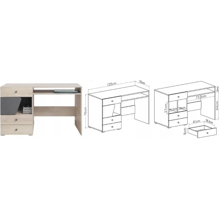 Deine Möbel 24 Jugendzimmer-Set DARLA I Kinderzimmer-Set Komplett PREMIUM, (3 + 12 + 9 +10, 4-tlg, Natur Eiche Grau), Kleiderschrank 2-türig Kommode Sideboard Schreibtisch Hängeregal – Bild 3