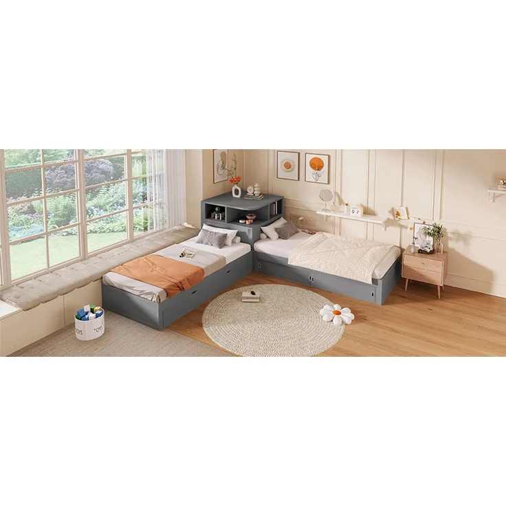 ZUBALIYA Holzbett 90 x 200 cm – Ausziehbett, Stauraum mit Schiebetüren, LED-Beleuchtung, MDF, Kiefer, Grau – Bild 9