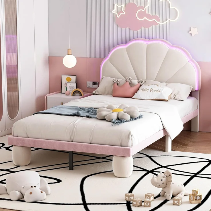 Ball & Cast Kinderbett (90x200 cm) mit Lichtstreifen, Polsterbett mit Wellengestriftem Kopfteil aus Samt, Einfach & Zeitsparend Montierbar, Beige+Rosa – Bild 5
