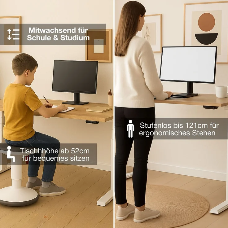 ASSMANN Elektrisch höhenverstellbarer Kinderschreibtisch JUNIOR 120x70cm Eiche Polar Signalweiß Metall Holz – Bild 3