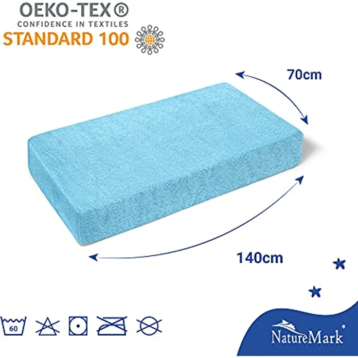 NatureMark Spannbettlaken Frottee Spannbettlaken, 80% Baumwolle / 20% Polyester, Gummizug: rundum, (2 Stück), 2er Set Kinder Spannbettlaken Frottee, Spannbetttuch 80% Baumwolle / 20% Polyester, für Babybett und Kinderbett, 70x140 cm - Hellblau – Bild 5
