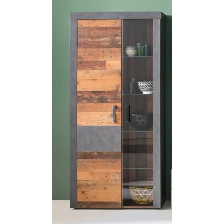 trendteam smart living - Indy - Kommode - Grau/Eiche - Highboard-Schrank mit 2 Türen, 4 Glasböden, 1 Konstruktionsboden und 3 Einlegeböden - (BxHxT) 87 x 189 x 34 cm - antikfarbene Griffe – Bild 3