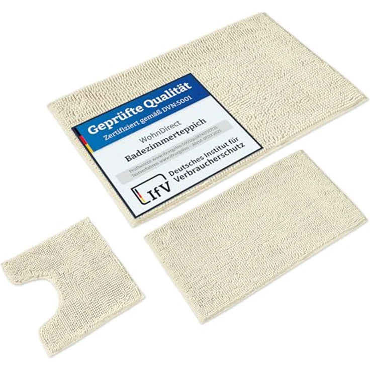 WohnDirect Badematten Set 3 teilig Creme • WC Vorleger (45x45 cm), Badematte (50x80 cm,70x120 cm) • rutschfest waschbar Badezimmerteppich MIT WC-Ausschnitt – Bild 2