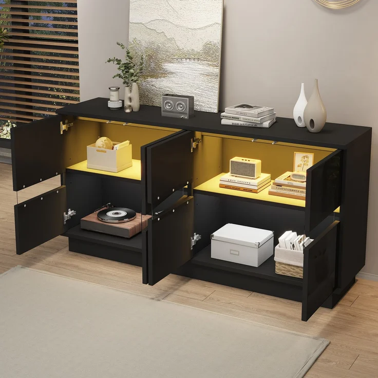 ZUBALIYA Sideboard 140x35x70 cm, mit LED-Beleuchtung, Hochglanz, mit 4 Türen, aus Spanplatte, Schwarz – Bild 2