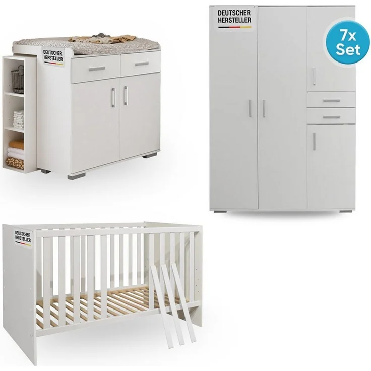 Storado Babymöbel-Set Sienna 7-teilig 70×140cm, Kinderzimmer-Set, Farbe wählbar, Mitwachsendes Babybett, Wickelkommode und geräumiger Schrank – Bild 2