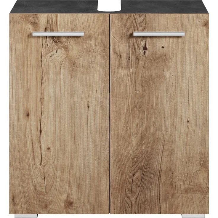 Badplaats Waschbeckenunterschrank Jupiter 60 x 30 cm Dunkel Grau mit Kastanien Eiche - Stehender Badezimmerschrank mit 2 Türen und Montagematerial – Bild 3