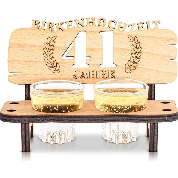 DARO Design - Schnapsbank 41. Hochzeitstag Birkenhochzeit Geschenk Deko für Paare Männer Frauen aus Holz mit Gläsern – Bild 1