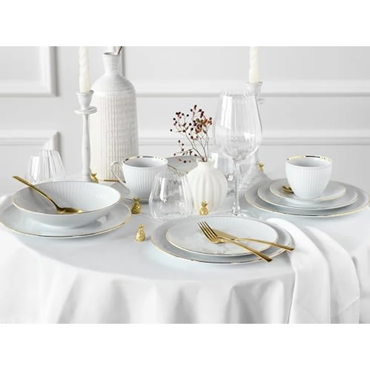 Creatable Kombiservice Valencia, 30-teiliges Geschirr Set aus handbemalter Keramik, Weiß und Gold, lebensmittelecht, stapelbar, 200 ml – Bild 3