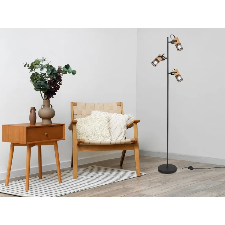Stehlampe TOSH mit 3 Strahlern Gitter Schwarz & Holz, schwenkbar, Höhe 150cm