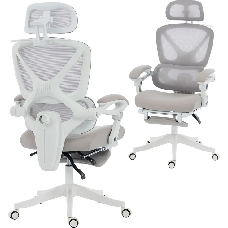MELAYR, Bürostuhl, Ergonomischer Schreibtischstuhl mit Fußstütze, Wippfunktion, Armlehne, 70 x 71 x 129 cm, Hellgrau