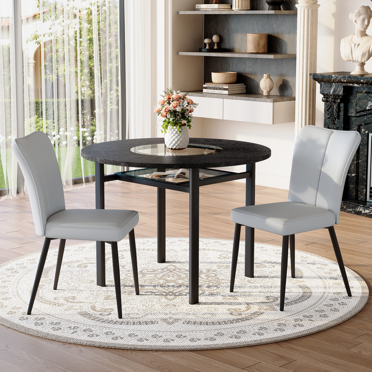Esstisch-Set 76x100x100 cm in Schwarz mit Glasintarsie und 2 Essstühlen in Hellgrau