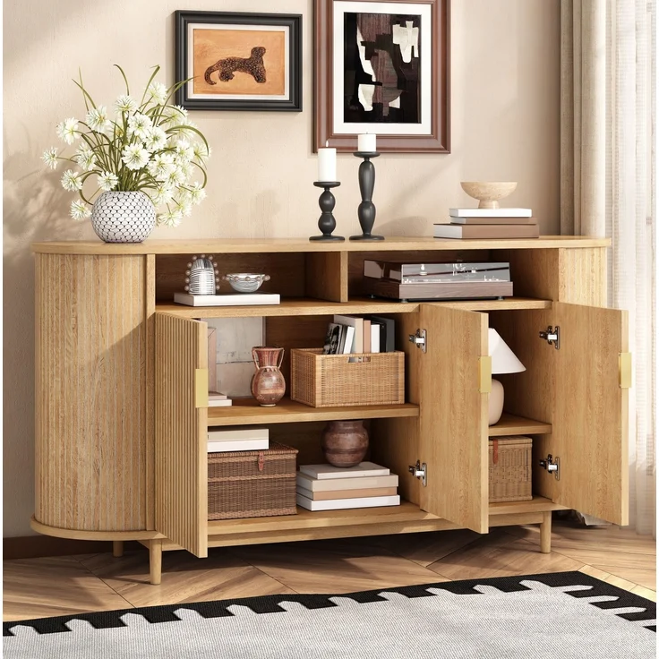 DESVIAE Sideboard Natur aus MDF/Spanplatte – 140x78x40 cm – 3 Türen, Kiefernholzfüße – Bild 4