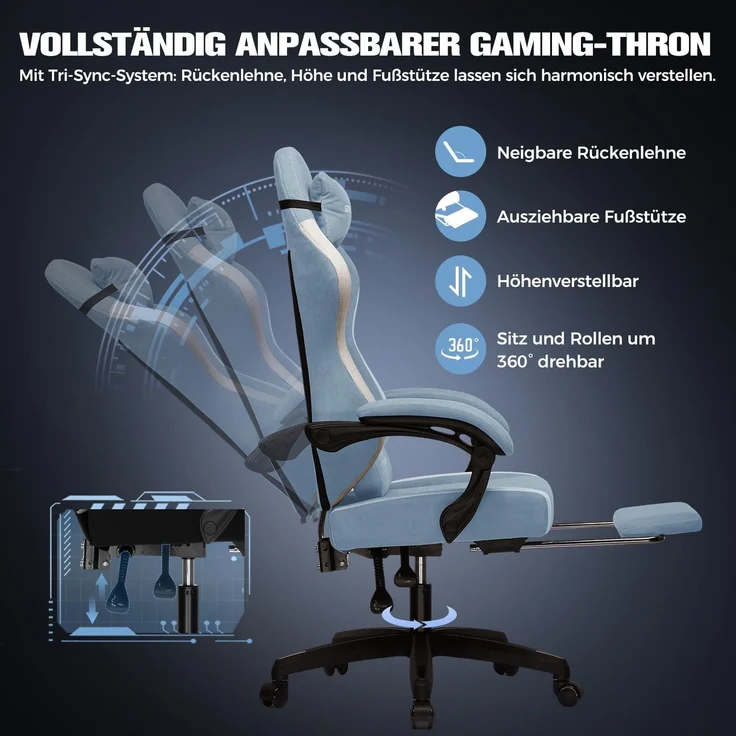 GTPLAYER Gaming Stuhl Ergonomischer, PC Stuhl Atmungsaktiver Stoff, Groß und Hoch Drehbarer Schreibtischstuhl mit Fußstütze,Verstellbare Lendenwirbelstütze und Kopfstütze,Hellblau – Bild 5