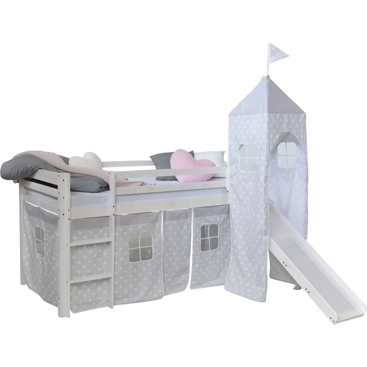Hochbett mit Matratze 90x200 Turm Rutsche Stockbett Weiß Kinderbett Holz Kiefer Vorhang grau Sterne Lattenrost – Bild 5