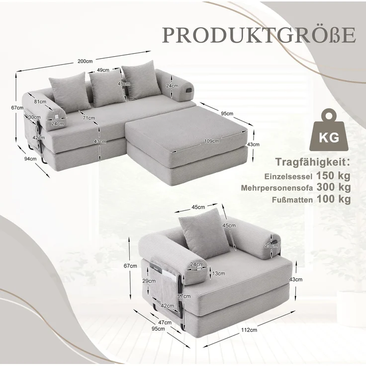 Modulares Sofa-Set aus Cord, mit Metallgestell & Seitentasche, 200x94x67 cm, Hellgrau – Bild 5
