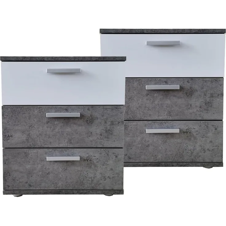 HTI-Living Nachtschrank Nachtkommode 3 Schubladen Nina Beton Weiß 2er-Set (Set, 2-St, 2 Nachtschränke) Nachtschrank Nachttisch