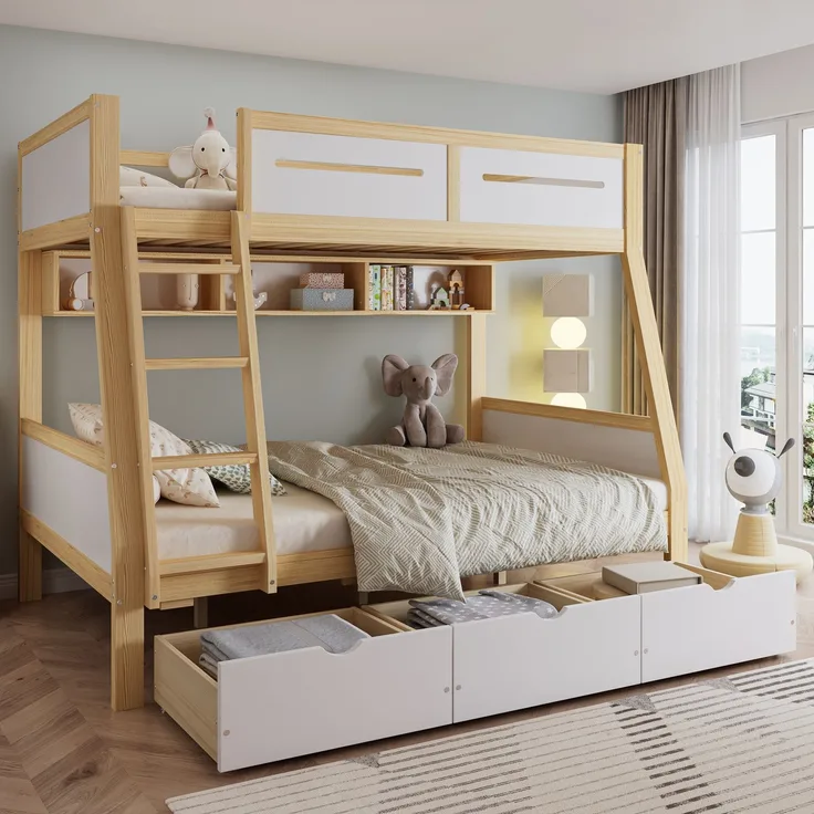 Merax Etagenbett 90x200cm&120x200cm, Kinderbett, Drei Schubladen mit Rollen, 2m Bilderbuchständer, Sichere vierseitige Umzäunung und Trittleiter, Weiß+Natur