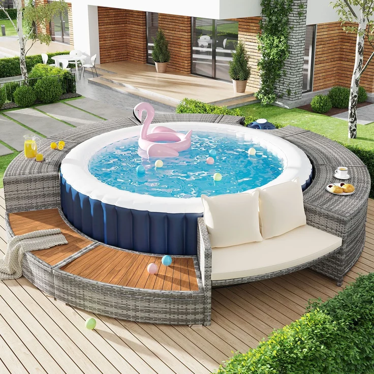 Merax Garten-Lounge-Set mit runder Couch, Gartenmöbel-Set, Poolumrandung, Lounge-Set, für Whirlpool und Pool, mit verstellbaren Füßen, inklusive Kissen, Möbel für Terrasse, Garten oder Poolbereich – Bild 1