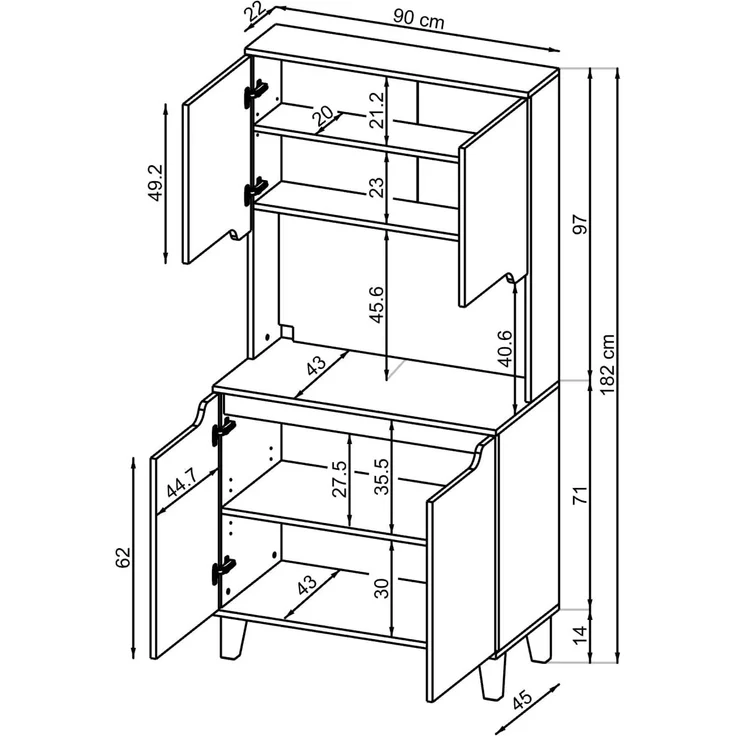 Roomart Küchenbuffet DEFNE mit Nische Kaffeebar Mikrowellenschrank Vorratsschrank, 5 Farben Offene Nische für Kaffeemaschine, 4 Türfächer – Bild 2