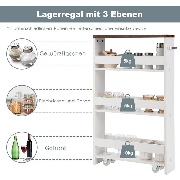 COSTWAY Küchenwagen, schmal, 4 Ebenen, auf Rollen, mit Griff, 48x12,5x81cm – Bild 3