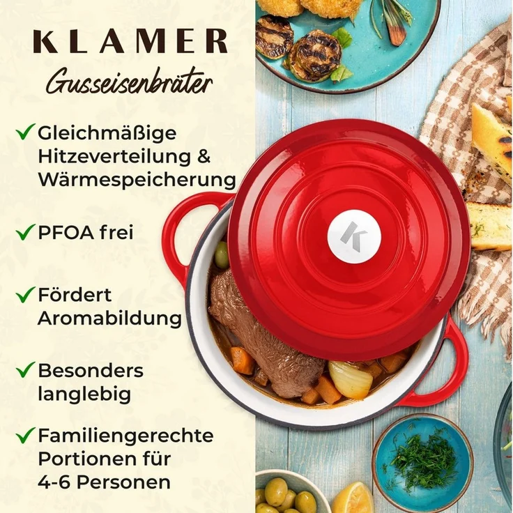 KLAMER Bräter Gusseisen Bräter 5 L, Gusseisen-Topf 25 cm backofengeeignet, Emaille …, Gusseisen, Exzellente Hitzeverteilung, Intensive Aromabildung, 5 Liter – Bild 3