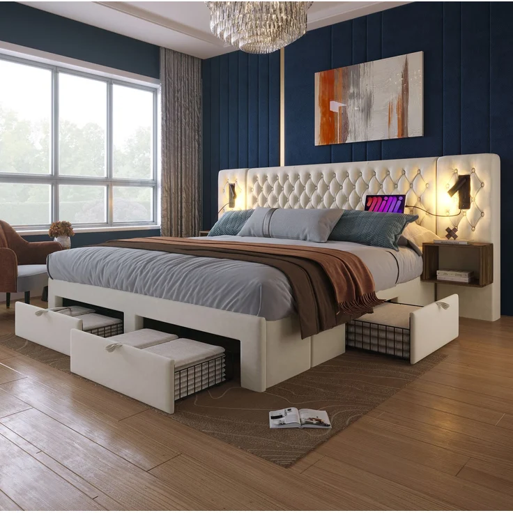 Bettanlage 180x200 cm mit 2 Nachttischen, 4 Schubladen, Leselampen und USB-/Type-C-Ladestation – Beige – Bild 4