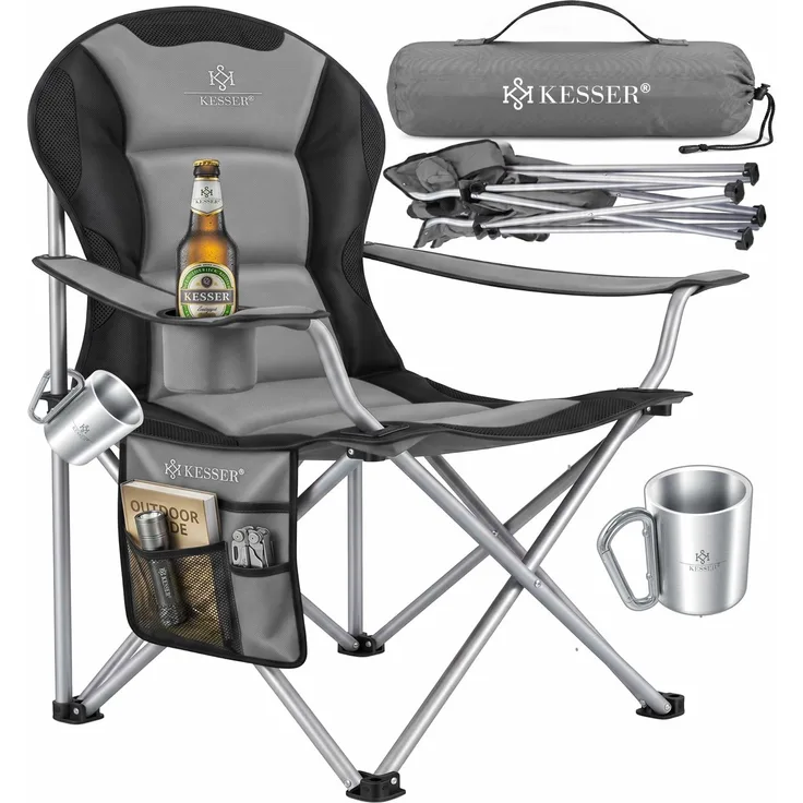 KESSER® Campingstuhl faltbar bis 150 kg Angelstuhl Faltstuhl Klappstuhl Gepolstert mit Armlehnen, Getränkehalter + Tasche mit hoher Rückenlehne, Strandstuhl, Klapphocker Grau / Schwarz