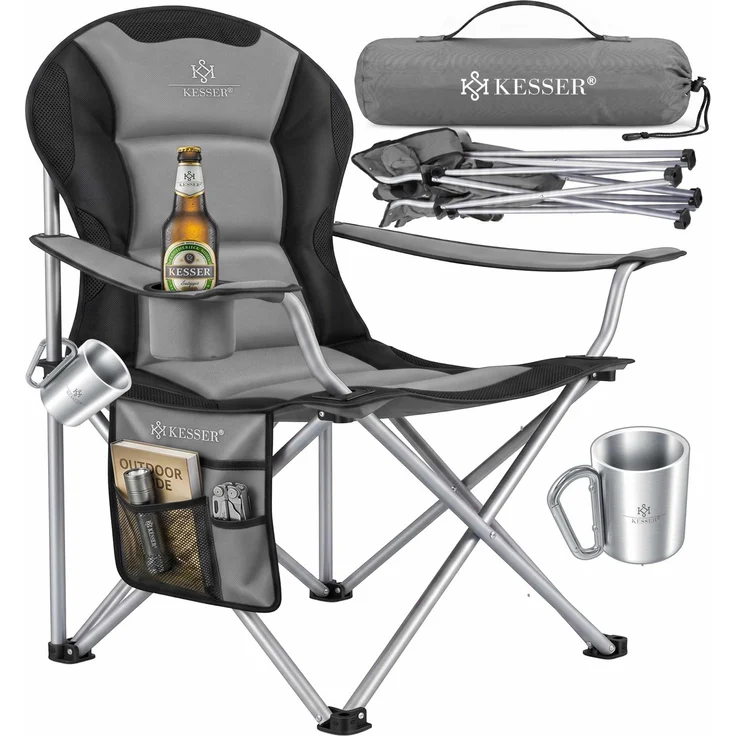 KESSER® Campingstuhl faltbar bis 150 kg Angelstuhl Faltstuhl Klappstuhl Gepolstert mit Armlehnen, Getränkehalter + Tasche mit hoher Rückenlehne, Strandstuhl, Klapphocker Grau / Schwarz – Bild 1
