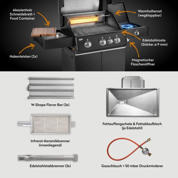 BURNHARD® Gasgrill 3-Brenner 2x Edelstahl-Stabbrenner à 3,75 kW, 1x Infrarot-Keramikbrenner à 3,75 kW, Seitenkochfeld, Edelstahlrost, Piezo-Zündung – FRED Deluxe - Schwarz - #947129 – Bild 4