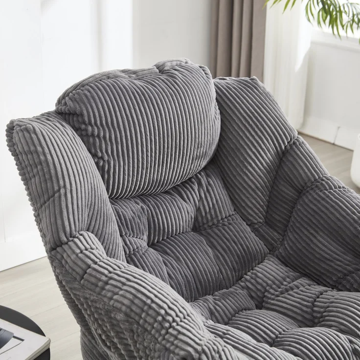 Flieks Loungesessel mit Hocker, ergonomischer Ohrensessel mit Stahlrahmen, weicher Cordstoff, Seitentasche, Grau – Bild 5