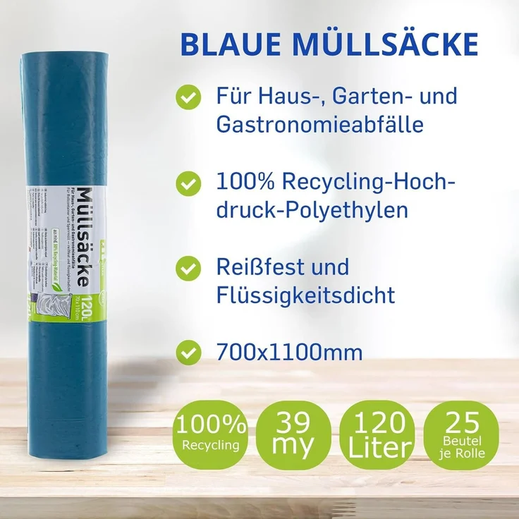 120 Liter Abfallsäcke 4 Rollen à 25 Stück - blaue Müllsäcke für Haus-, Garten- & Gastronomieabfälle - reißfeste Müllbeutel mit 39my Stärke (700 x 1100 mm) – Bild 4