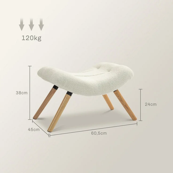 HOMCOM Fußhocker mit Berberfleece-Stoff, bis 120 kg belastbar (Sitzhocker, 1 St, Polsterhocker), für Wohnzimmer, Schlafzimmer, 67 x 45 x 38 cm, Cremeweiß – Bild 2