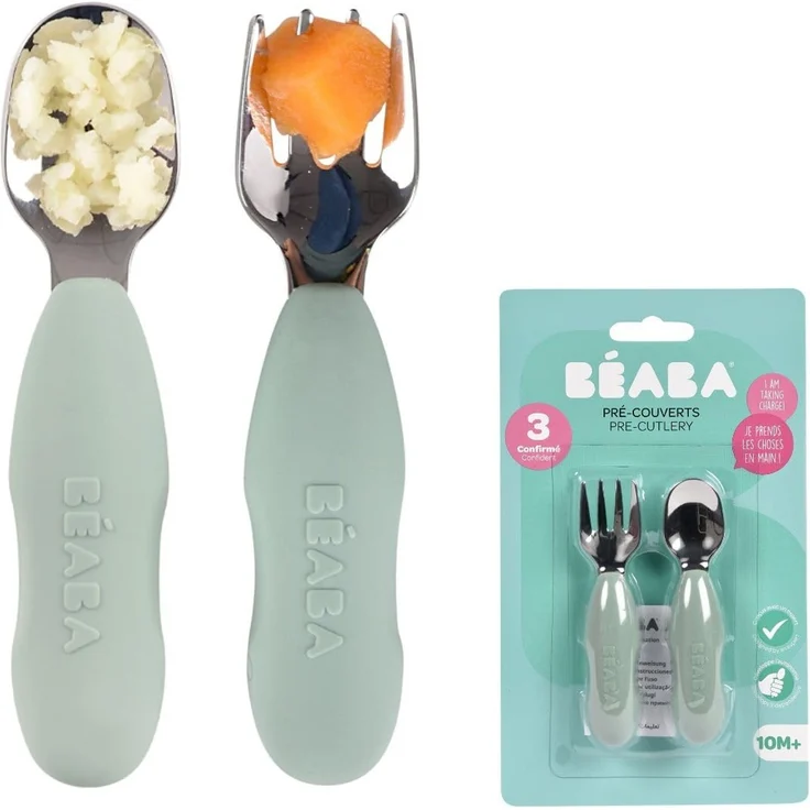 BÉABA, 2er-Set Edelstahl- und Silikon-Vorbesteck, Babybesteck, Kinderbesteck, ab 10 Monaten, Ergonomische Form, Ergonomischer Griff, Baby-Lernbesteck, Salbeigrün