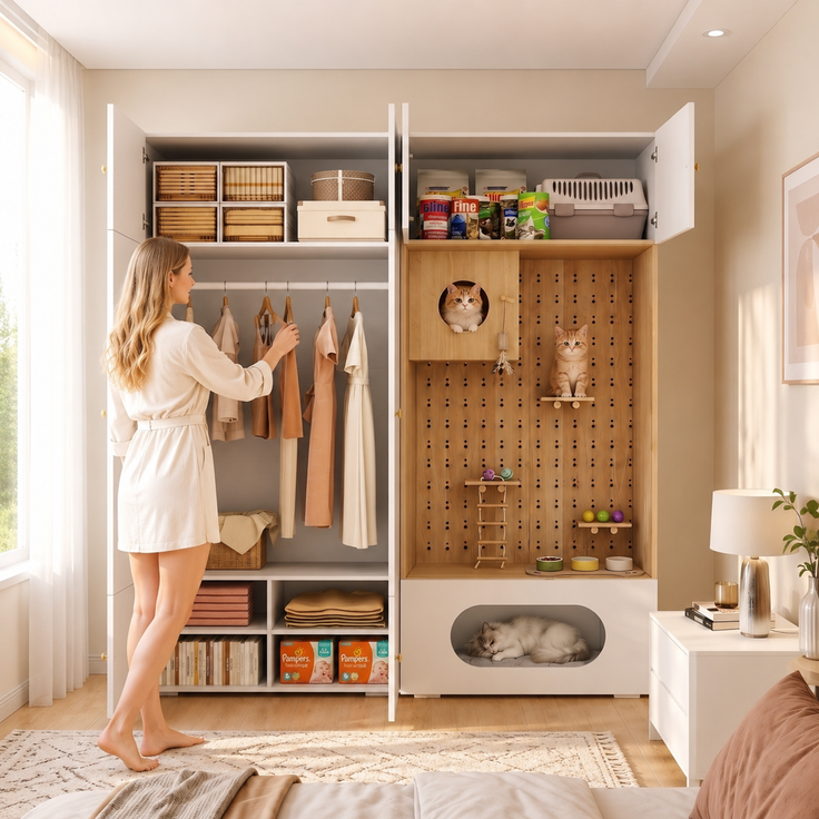 Kleiderschrank, Garderoben-Set Garderobe, Haustierschrank, 180 x 50 x 200 cm, mit 1 Kleiderstange, Katzenkletterwand und Haustierkissen, für Schlafzimmer, Wohnzimmer und Flur, Weiß+Holzoptik--Weiß, Holz--180x50x200cm--YOUDENOVA – Bild 6