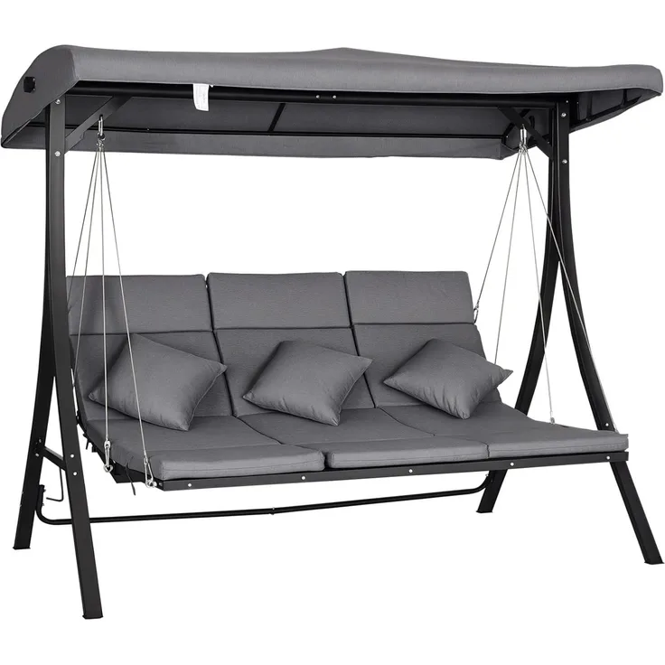 Outsunny Hollywoodschaukel Gartenschaukelmit mit Sonnendach, 3-Sitzer, Verstellbares Dach, Schaukelbank, 1 tlg, Schaukelstuhl, für Garten, Balkon, Grau