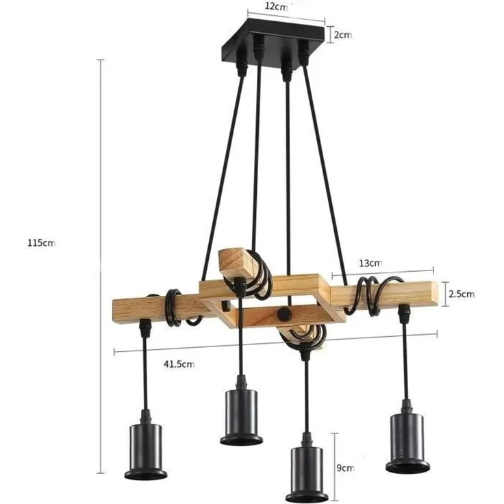 DELIPOP – Pendelleuchte aus Holz – E27 Retro – Industrie – Kronleuchter für Esszimmer, Wohnzimmer, Bar – 42 cm Durchmesser – 4 Leuchtmittel – Schwarz+Braun – 41x41x75cm – Bild 5