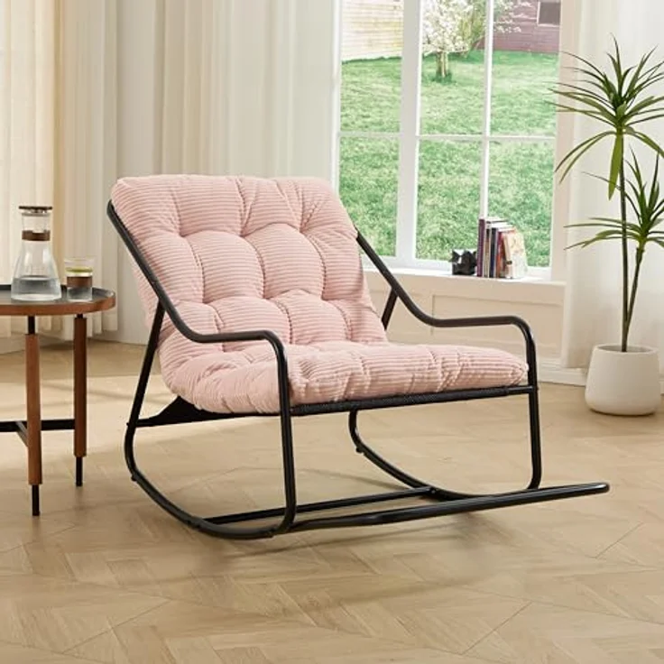Ball & Cast Schaukelstuhl für Drinnen & Draußen, Rocking Chair mit Gepolstertem Kissen und Fußstütze, Balkonsessel für Wohnzimmer, Garten & Terrasse, Rosa – Bild 4