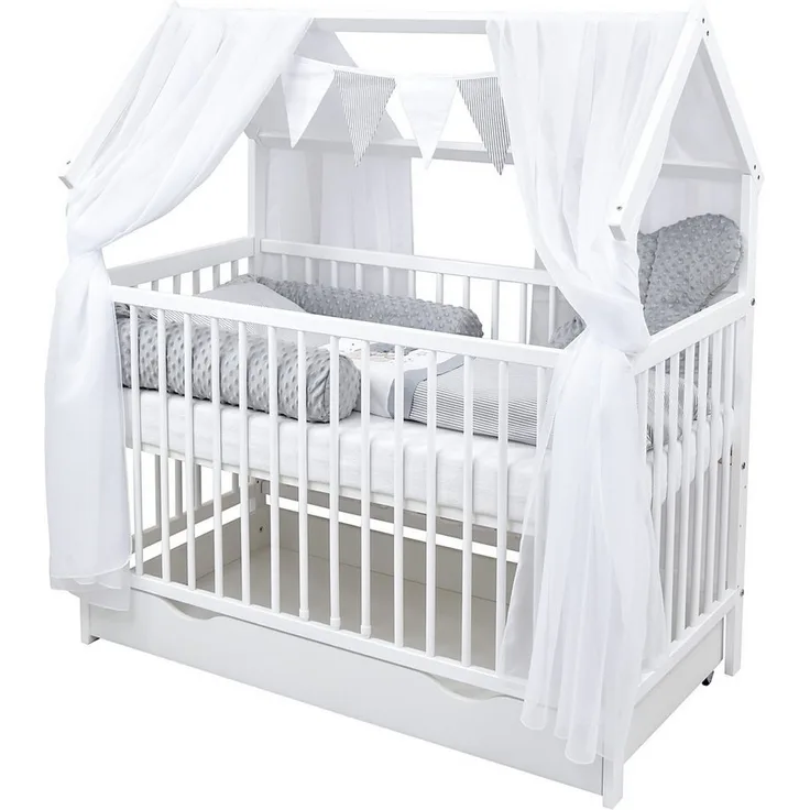 Baby-Delux Komplettbett Hausbett Babybett Schublade Schutzgitter Beißschienen Komplettset, 11-tlg, Kinderbett 60x120 cm weiß, Bettset verschiedene Designs
