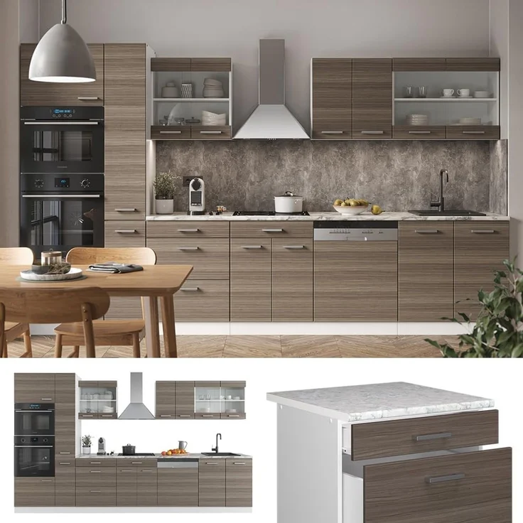 Küchenzeile R-Line Edelgrau/Weiß 350 cm mit Hochschrank, ohne Arbeitsplatte Vicco – Bild 5