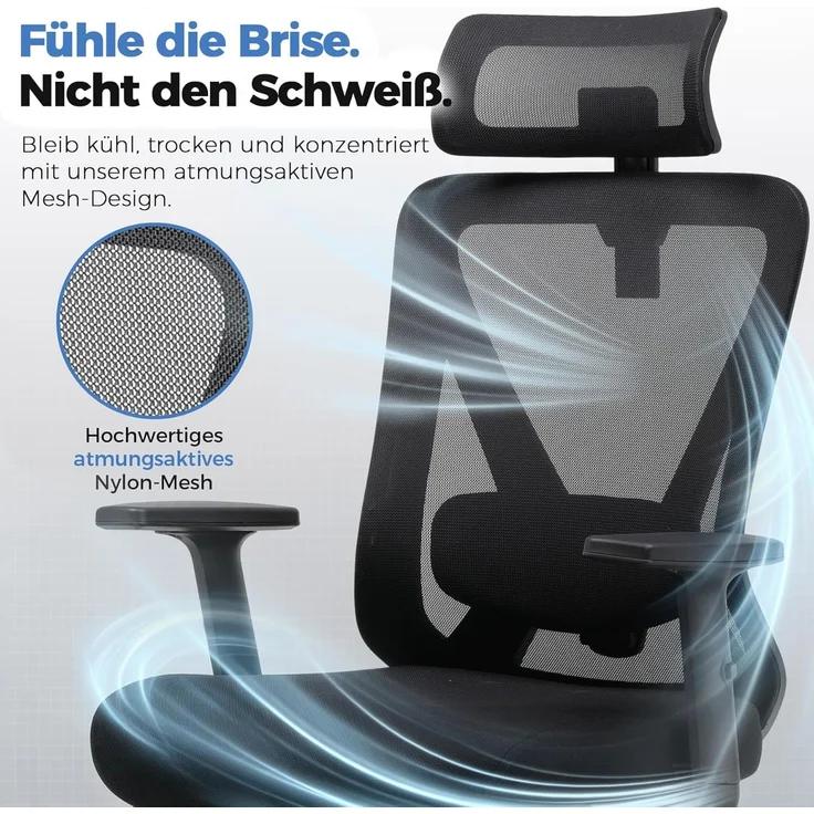 COMHOMA Bürostuhl Ergonomisch [TESTSIEGER], Schreibtischstuhl mit 3D-Kopfstütze & 3D-Lendenwirbelstütze, verstellbare Armlehnen, Office Chair mit Wipp- und Kippfunktion,Belastung bis 150KG, Schwarz – Bild 2
