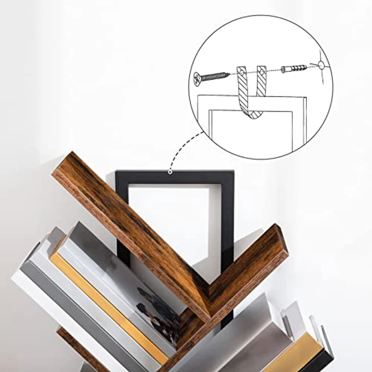 HOOBRO Bücherregal, Standregal mit 9 Ebenen, Holz DVD Regal, in Baumform, Metallgestell, für Wohnzimmer, Arbeitszimmer, Kinderzimmer, Vintagebraun EBF08SJ01G1 – Bild 7
