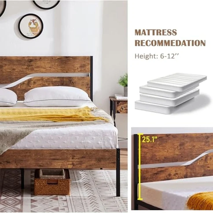 VECELO Bettgestell 140 x 200 cm, Metallbett mit Doppelschicht Holzkopfteil und Lattenrost, Modern Gästebett Jugendbett mit Stauraum Unter Dem Bett, Perfekt für Schlafzimmer, Braun – Bild 5
