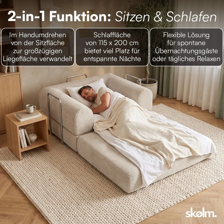 skølm 'Lofn' Modularer Sessel 1 Sitzer, 115x100 cm, Vollschaumcouch mit Metallgestell, Cord beige, Schlafsessel vakuumverpackt, kein Aufbau erforderlich – Bild 8