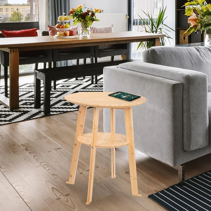 kamelshopping Beistelltisch Beistelltisch aus Bambus-Holz mit Qi Ladestation für Handys, max 10 Watt ohne Netzteil, rund oder eckig, ca. 48 cm hoch – Bild 2
