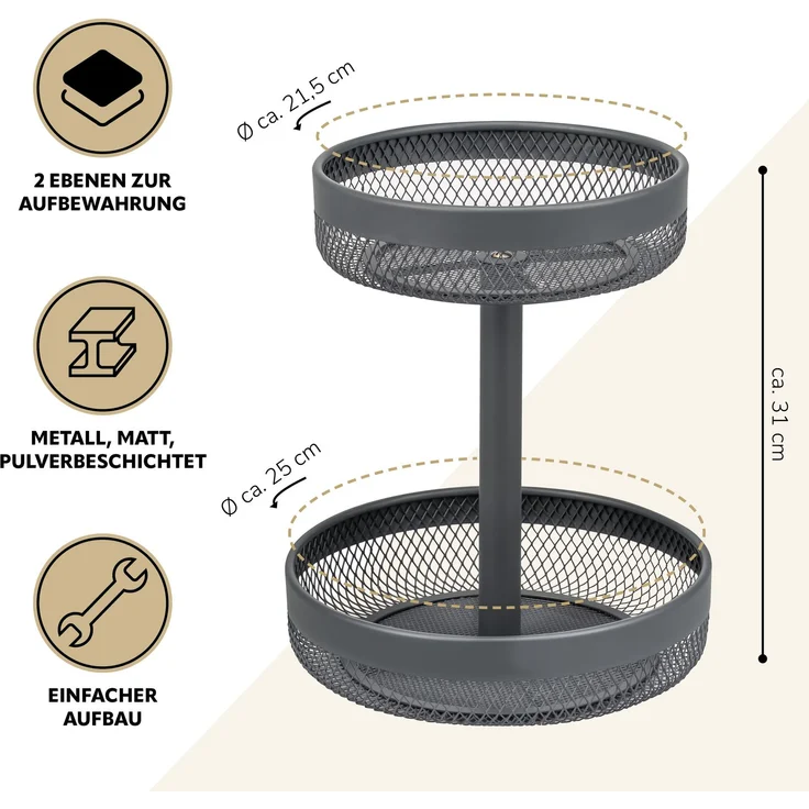 eluno 2-stöckige runde Obstetagere / Brotkorb, Metall, grau, Ø 20 cm und 25 cm – Bild 7