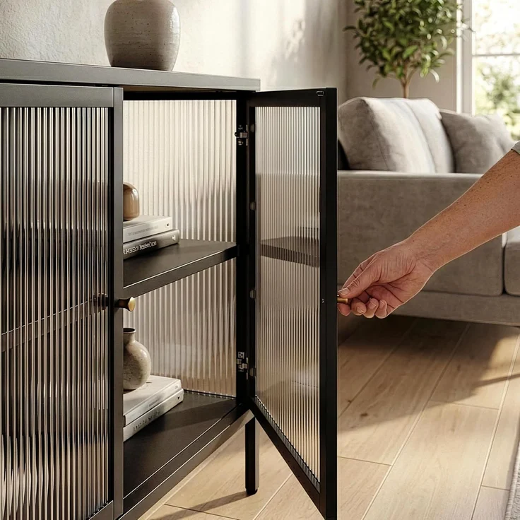 Vitrinen-Sideboard Vinterhavn Stahl 3-türig 80x150x40 cm Schwarz [en. casa] – Bild 9