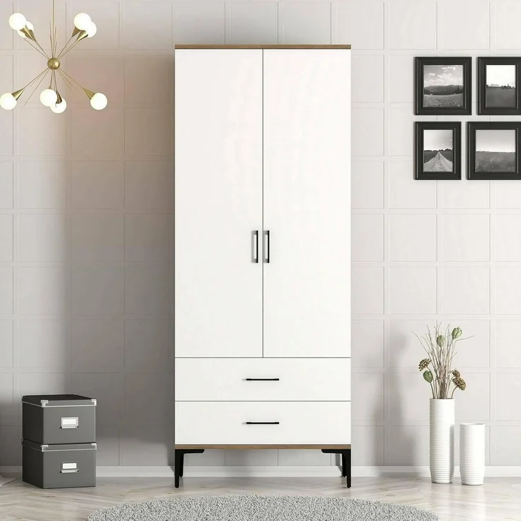 Dmora - Kleiderschrank 2 Türen Naos, Schlafzimmermöbel, Schrank, Garderobe, 80x201h48 cm, Walnuss und Weiß – Bild 1