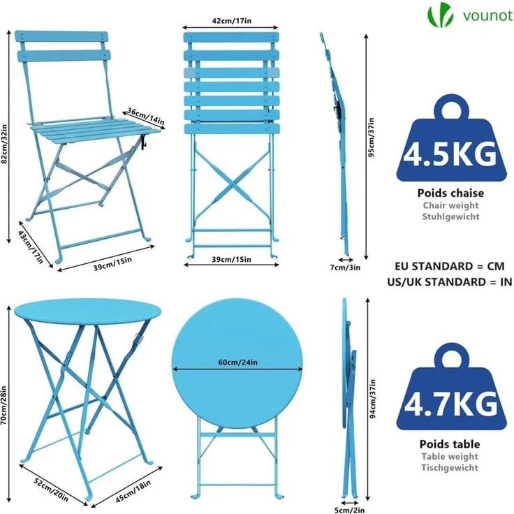 VOUNOT Bistroset 3-teilig, Klappbar Bistrotisch mit 2 Stühlen, Gartenmöbel Set Balkonset Gartengarnitur, Sitzgruppe Metall, Bistro Set Outdoor, Blau – Bild 4