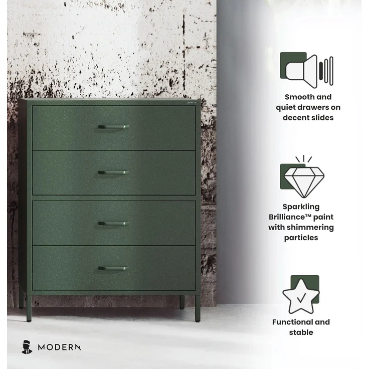 Jan Nowak Metall Kommode mit Schubladen - Carla | Komodenschrank für Schlafzimmer, Wohnzimmer, Kinderzimmer | Industrial Loft Style | Schubladenkommode Glitzernd | 80 x 101,5 x 40 cm | Flaschengrün – Bild 5